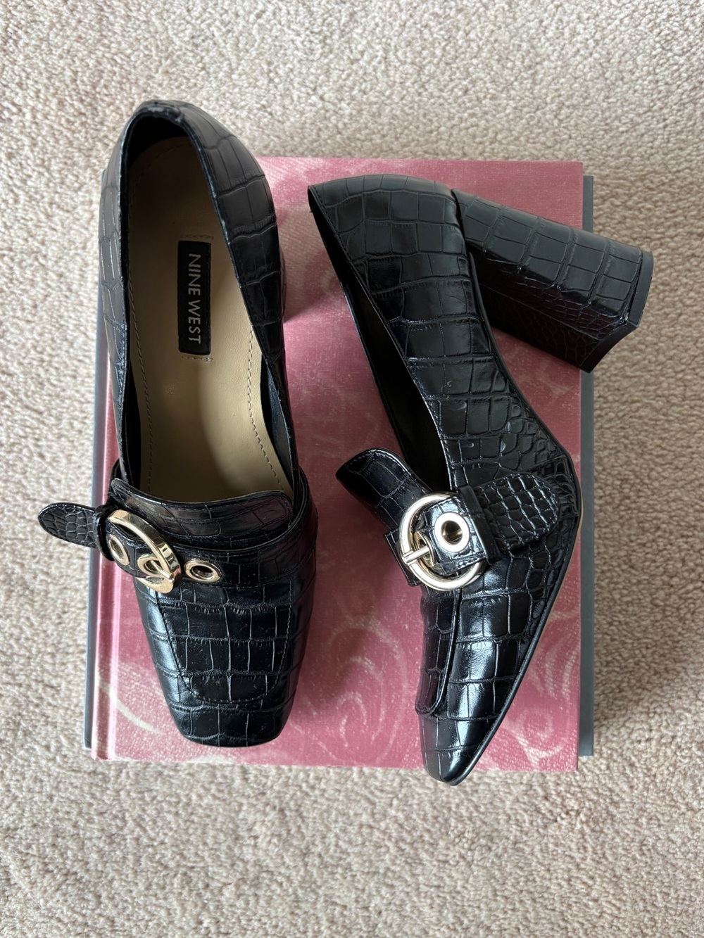 Nine West Black Croc-Embossed Block Heel Loafers
